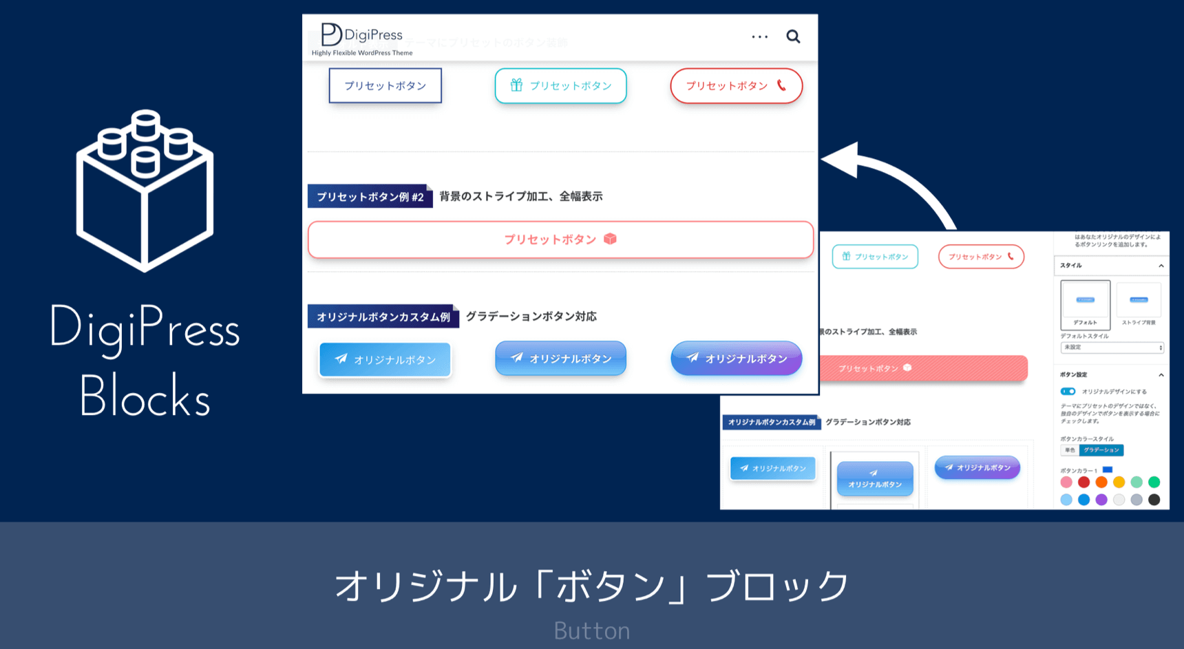 オリジナル ボタンブロックの機能 Wordpress テーマ Digipress