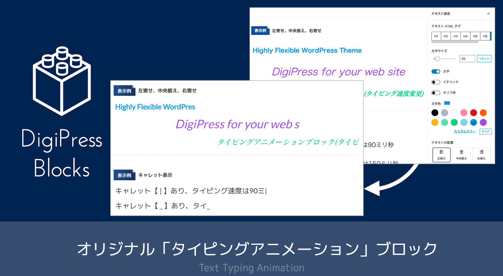 オリジナル タイピングアニメーションブロックの機能 Wordpress テーマ Digipress